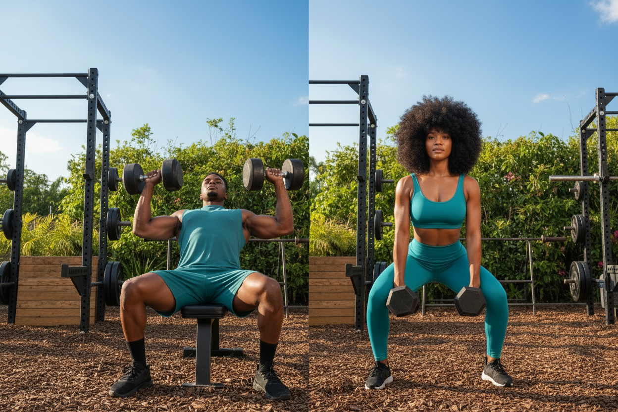 Fitness photo with teal outfits